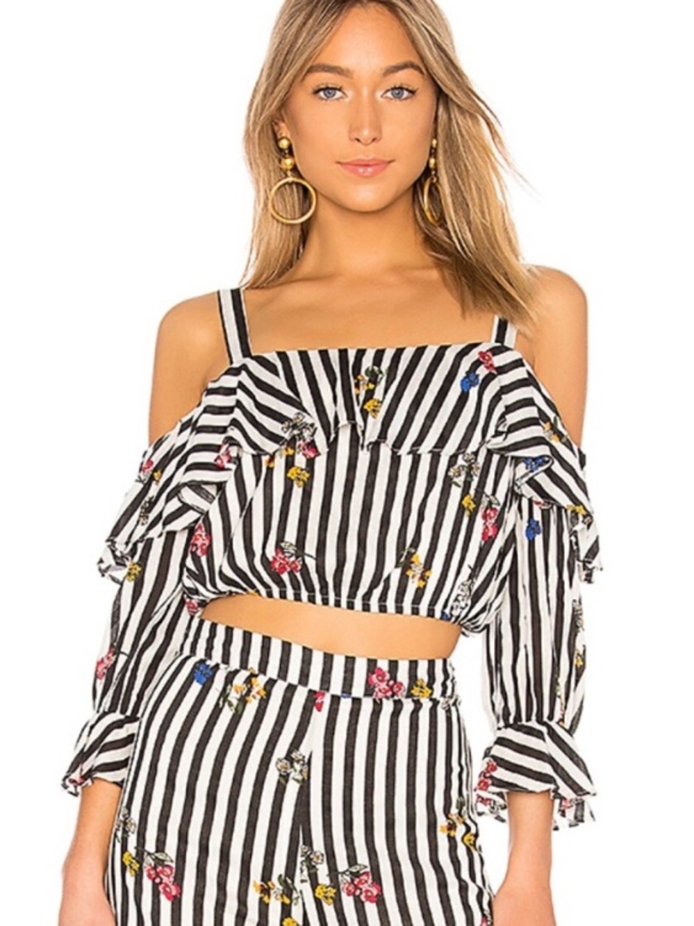Lovers & Friends Striped Off-Shoulder Ruffle Crop Top